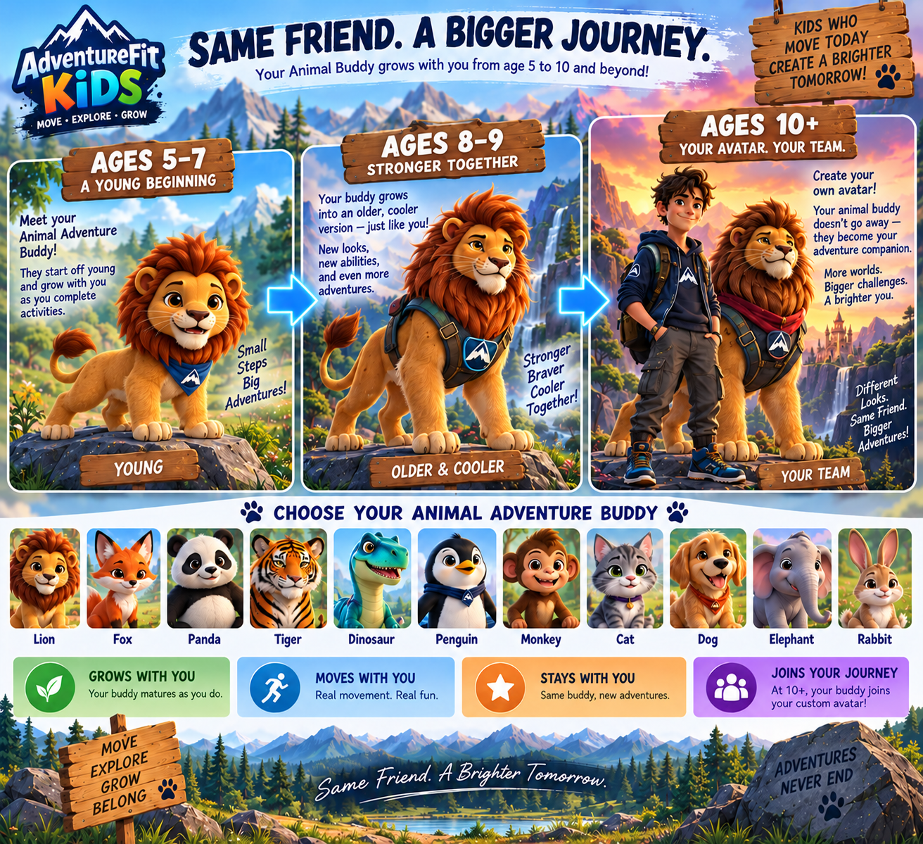 AdventureFit Kids: Same friend, a bigger journey. Ages 5–7 begin with a young animal buddy; ages 8–9 grow with an older buddy; ages 10 and up create an avatar with their animal companion. Choose from Lion, Fox, Panda, Tiger, Dinosaur, Penguin, Monkey, Cat, Dog, Elephant and Rabbit. Move, explore, grow and belong.